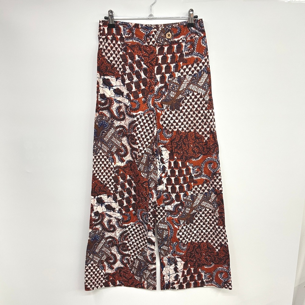 Vintage 70s Batik Wide Leg Pants 11/12 Rust Blue Boho Ethnic Hippie Earthy